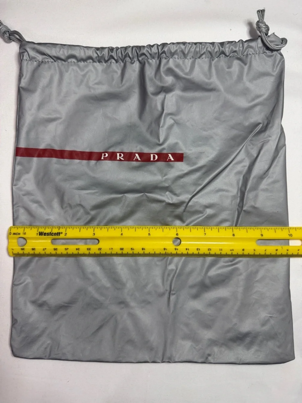Prada Silver-Gray Drawstring Dust Bag with Red Logo Stripe